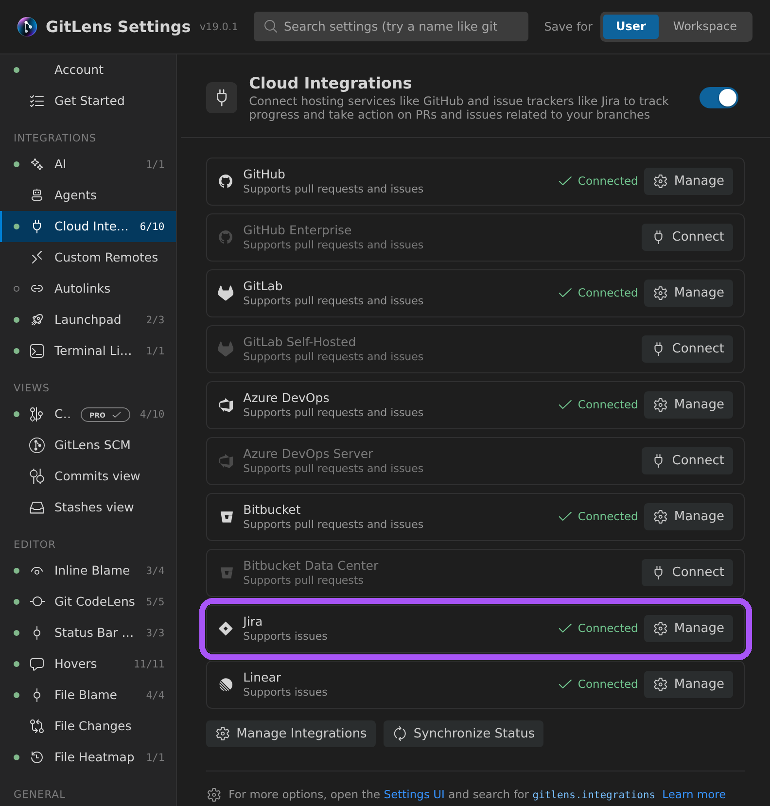 GitLens Settings Cloud Integrations category showing provider connection cards for GitHub, GitLab, Azure DevOps, Bitbucket, Jira, and Linear