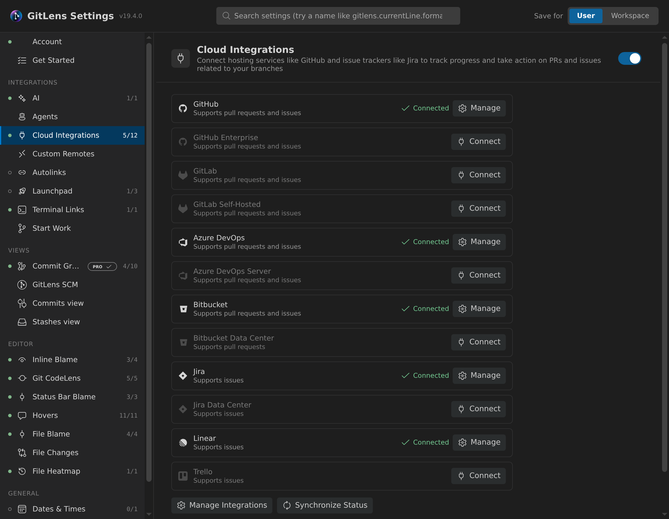 GitLens Settings open on Cloud Integrations, with GitHub, Azure DevOps, Bitbucket, Jira and Linear connected and Connect buttons for GitHub Enterprise, GitLab, GitLab Self-Hosted, Azure DevOps Server, Bitbucket Data Center, Jira Data Center and Trello