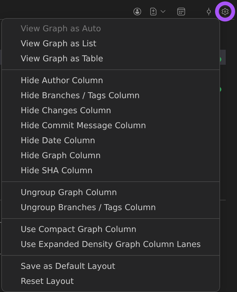 Commit Graph settings menu showing options to hide the Author, Date, SHA, Changes, and other columns, switch the graph layout, and use a compact layout