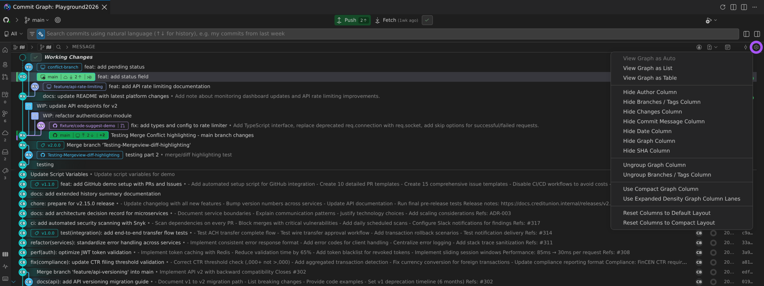 Commit Graph settings menu showing options to hide the Author, Date, SHA, Changes, and other columns, switch the graph layout, and use a compact layout