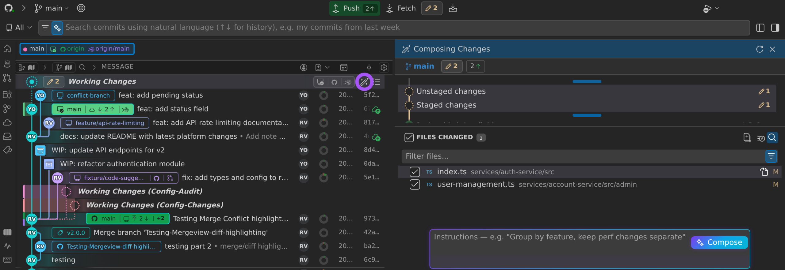 Commit Graph in Compose mode: the ringed Compose (wand) action on the Working Changes row, and the composer panel beside the graph listing Staged changes and Unstaged changes entries, the changed files, and the Instructions box with the Compose button