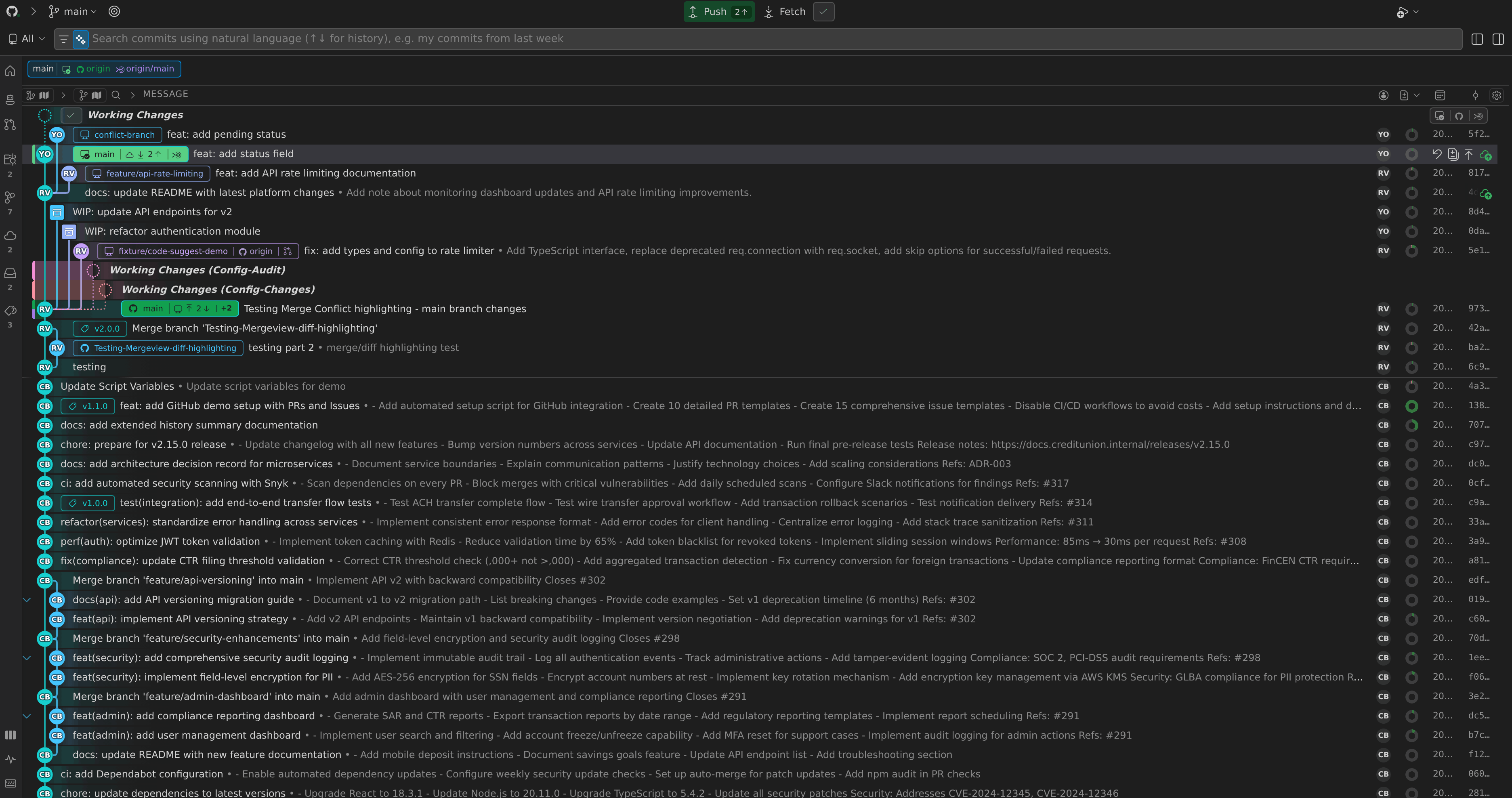 Compact Commit Graph layout toggle showing the graph switching from normal to compact view with icons and avatars