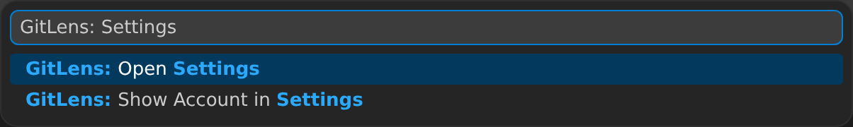VS Code Command Palette filtered to "GitLens: Settings" with the GitLens: Open Settings command highlighted, the step that opens the GitLens settings for the Commit Graph