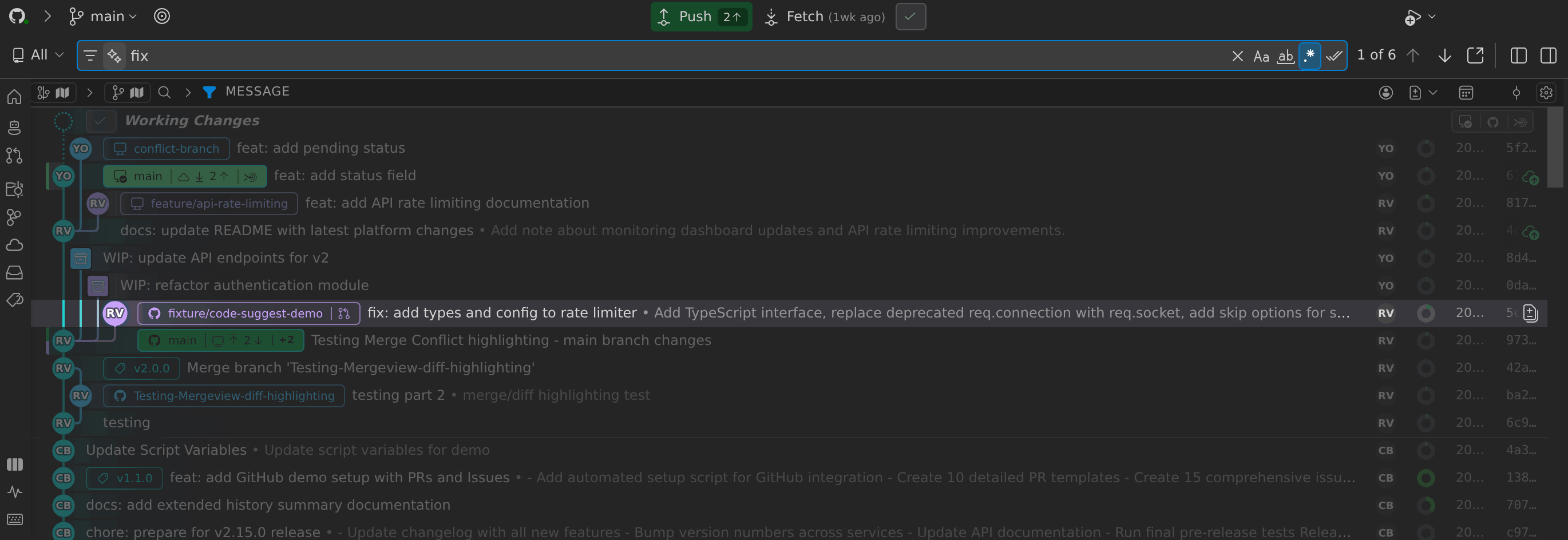 Navigating commit search results with arrow keys in the Commit Graph, showing the selection jumping between matching commits