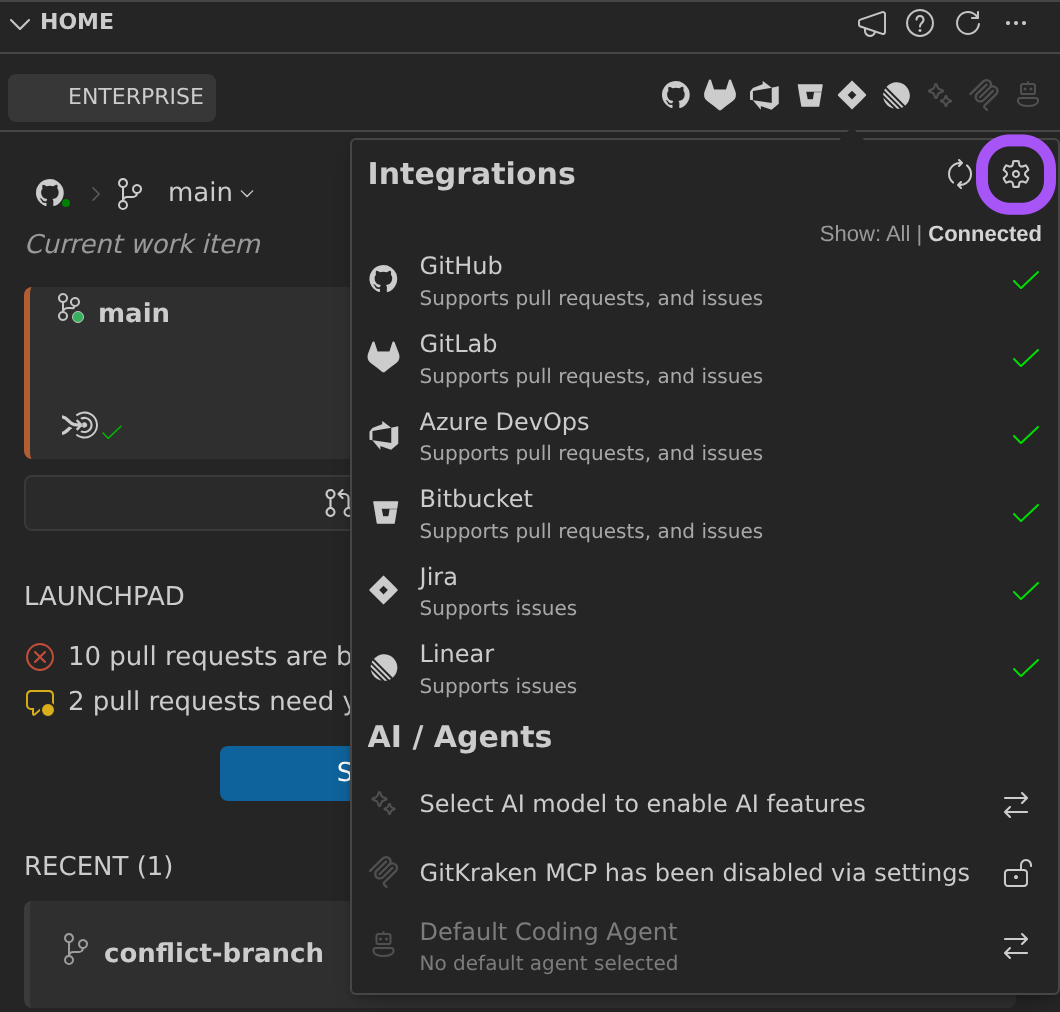 The GitLens Home view with the Integrations popover open from the header's integrations chip: a list of providers — GitHub, GitLab, Azure DevOps, Bitbucket, Jira, Linear — each with what it supports and a connected check mark, a Show: All | Connected filter, and the Manage Integrations gear ringed in the popover header