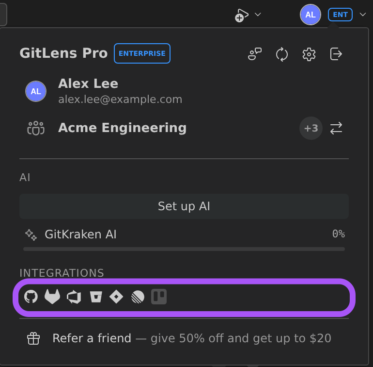 The Commit Graph header's account button with its menu open and the Integrations row ringed, a row of provider icons that opens GitLens Settings > Integrations.