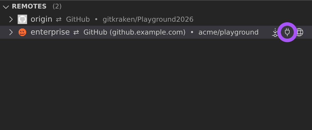 GitLens Remotes sidebar view listing repository remotes with the Connect to Remote action icon for linking a self-hosted provider