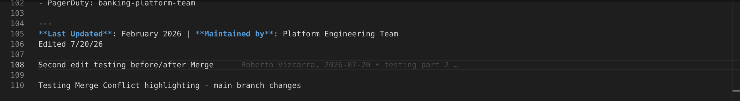 Editor with the current line's blame annotation shown inline at the end of the line: the author, the date and the start of the commit message