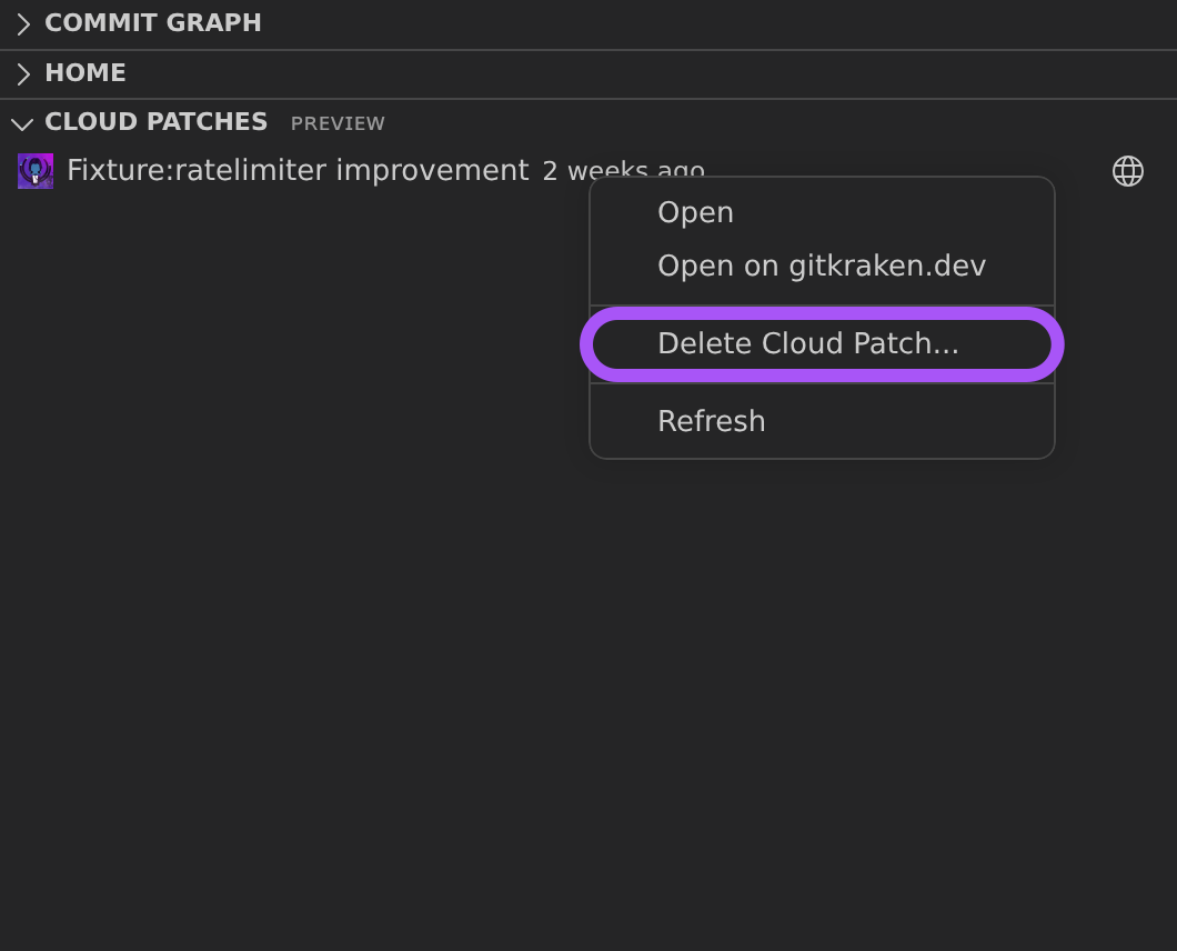 Cloud Patches view in the GitLens sidebar showing a right-click context menu with Delete Cloud Patch option on a patch entry