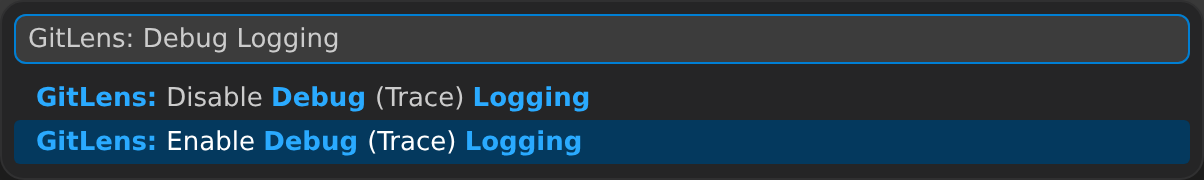 VS Code Command Palette filtered to "GitLens: Debug Logging" with the GitLens: Enable Debug (Trace) Logging command highlighted