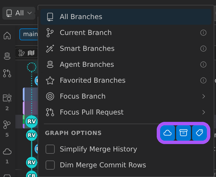 Commit Graph filter options for branches, tags, and stashes