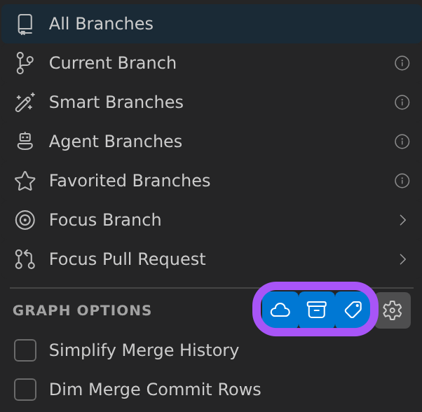 The Commit Graph branch-visibility menu: All, Current, Smart, Agent and Favorited Branches, Focus Branch and Focus Pull Request, and under Graph Options the ringed toggles for remote-only branches, stashes and tags, then Simplify Merge History and Dim Merge Commit Rows