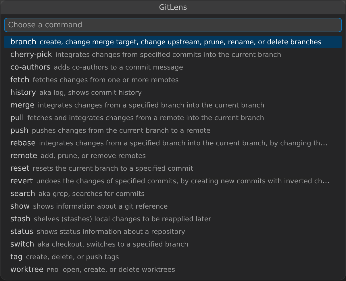 GitLens Git Command Palette showing guided step-by-step command options