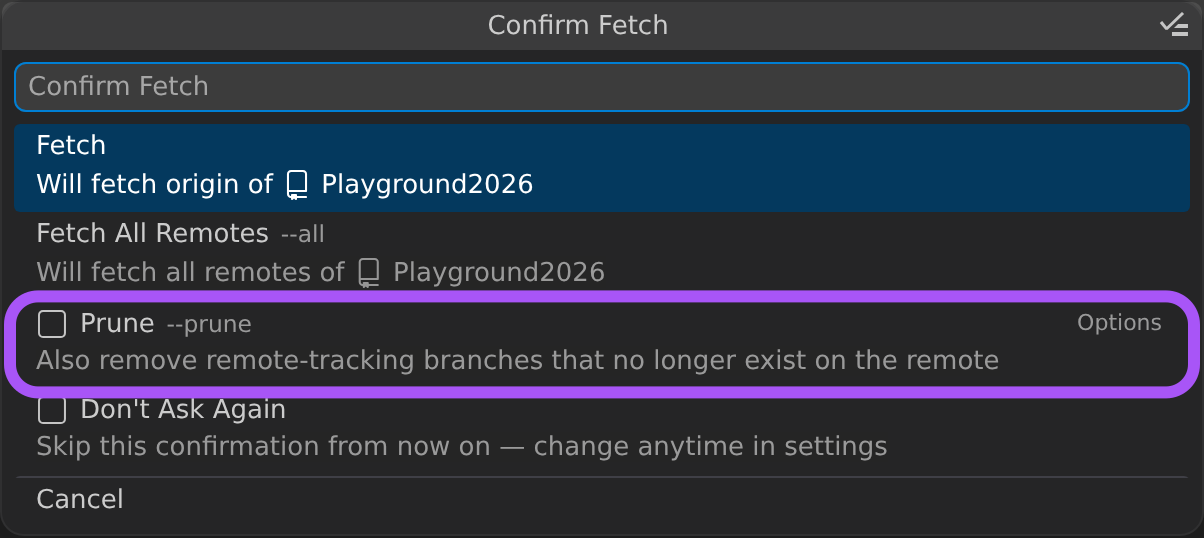 The Git Command Palette's Confirm Fetch step with the Fetch and Fetch All Remotes rows above an Options separator and the ringed Prune checkbox toggle, which removes remote-tracking branches that no longer exist on the remote.