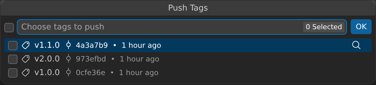 The Git Command Palette's Push Tags step, titled Push Tags, asking to choose tags to push with the repository's v1.0.0, v1.1.0 and v2.0.0 tags listed as selectable rows.
