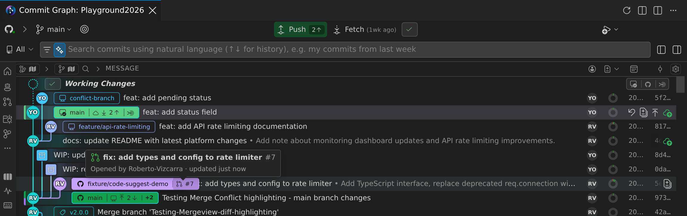 The Commit Graph with the pull-request hover card open over the #7 badge of the fixture/code-suggest-demo branch pill: the pull request's title "fix: add types and config to rate limiter", its number, who opened it and when it was last updated — metadata supplied by the connected GitHub integration