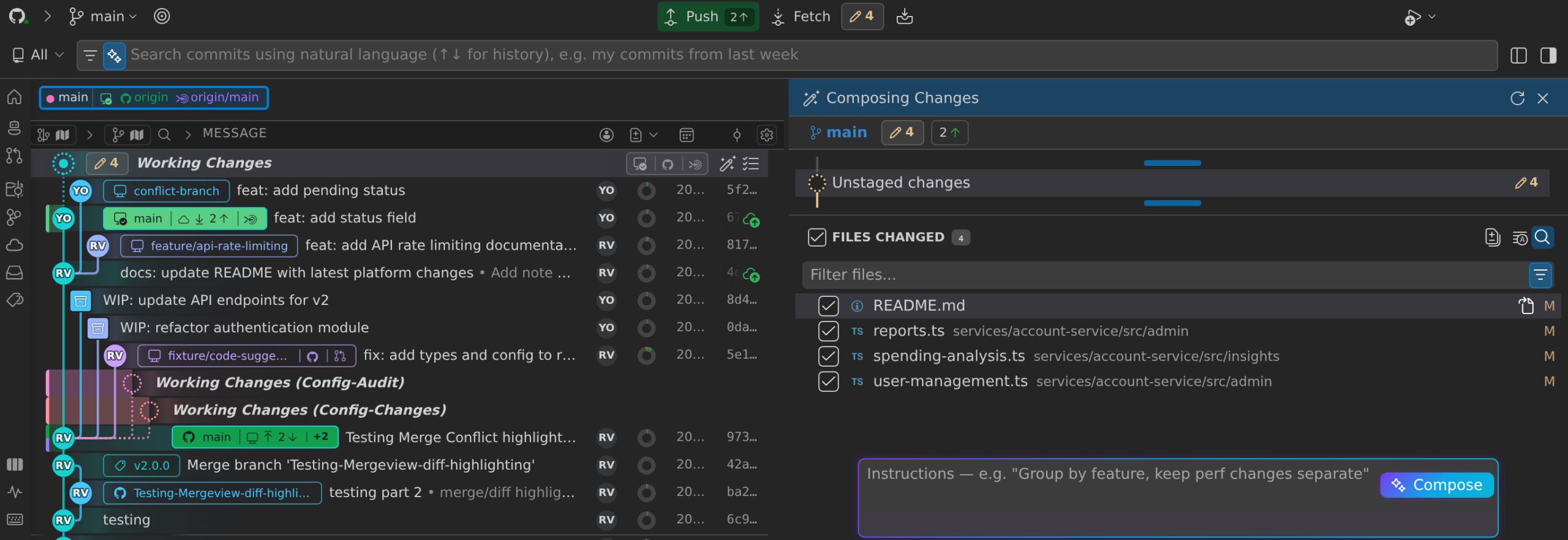 Commit Graph with the Composing Changes panel open beside it: the main branch, an Unstaged changes entry with four files changed (README.md, reports.ts, spending-analysis.ts, user-management.ts) and the Instructions box with the Compose button