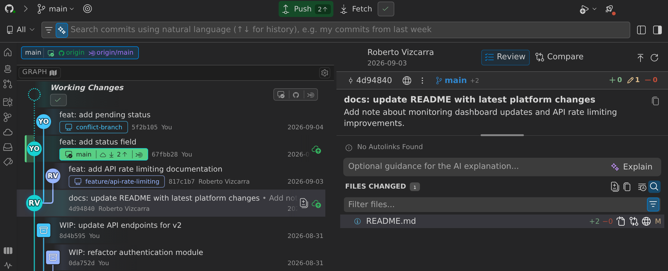 The Commit Graph with the embedded details panel on the right, showing commit message, author, and changed files for the selected commit