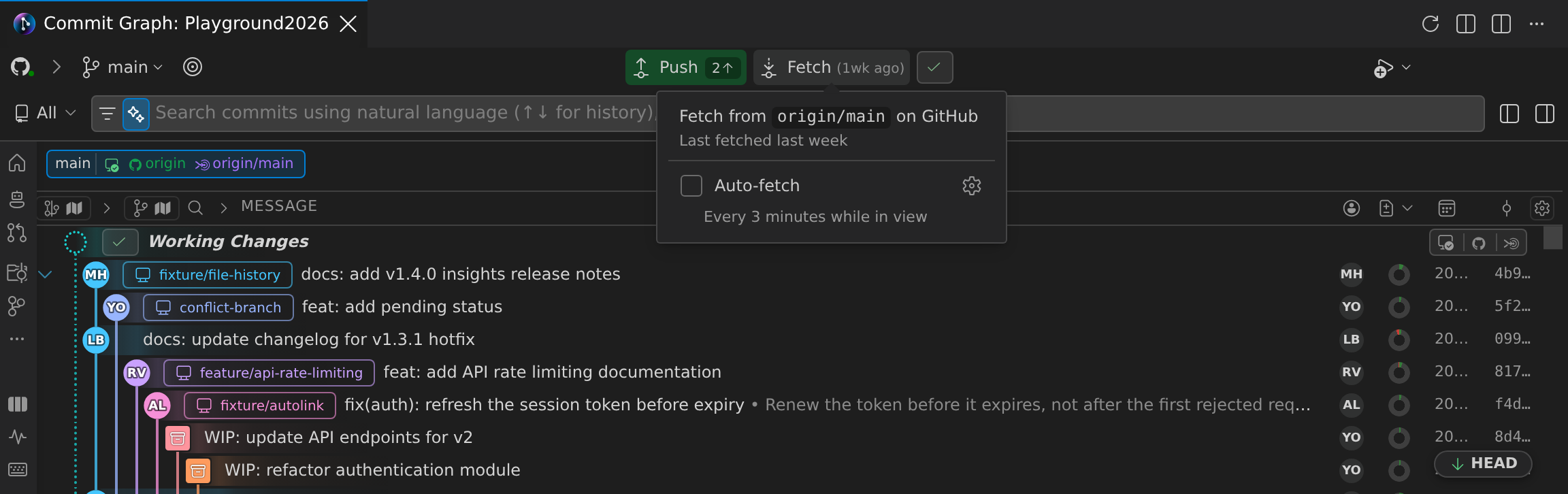 The top of the Commit Graph in the editor area: the tab reads "Commit Graph: Playground2026", the header shows the current branch (main) with Push and "Fetch (1wk ago)" buttons, and the Fetch button's hover popover lists the upstream (origin/main on GitHub), "Last fetched last week" and the Auto-fetch option