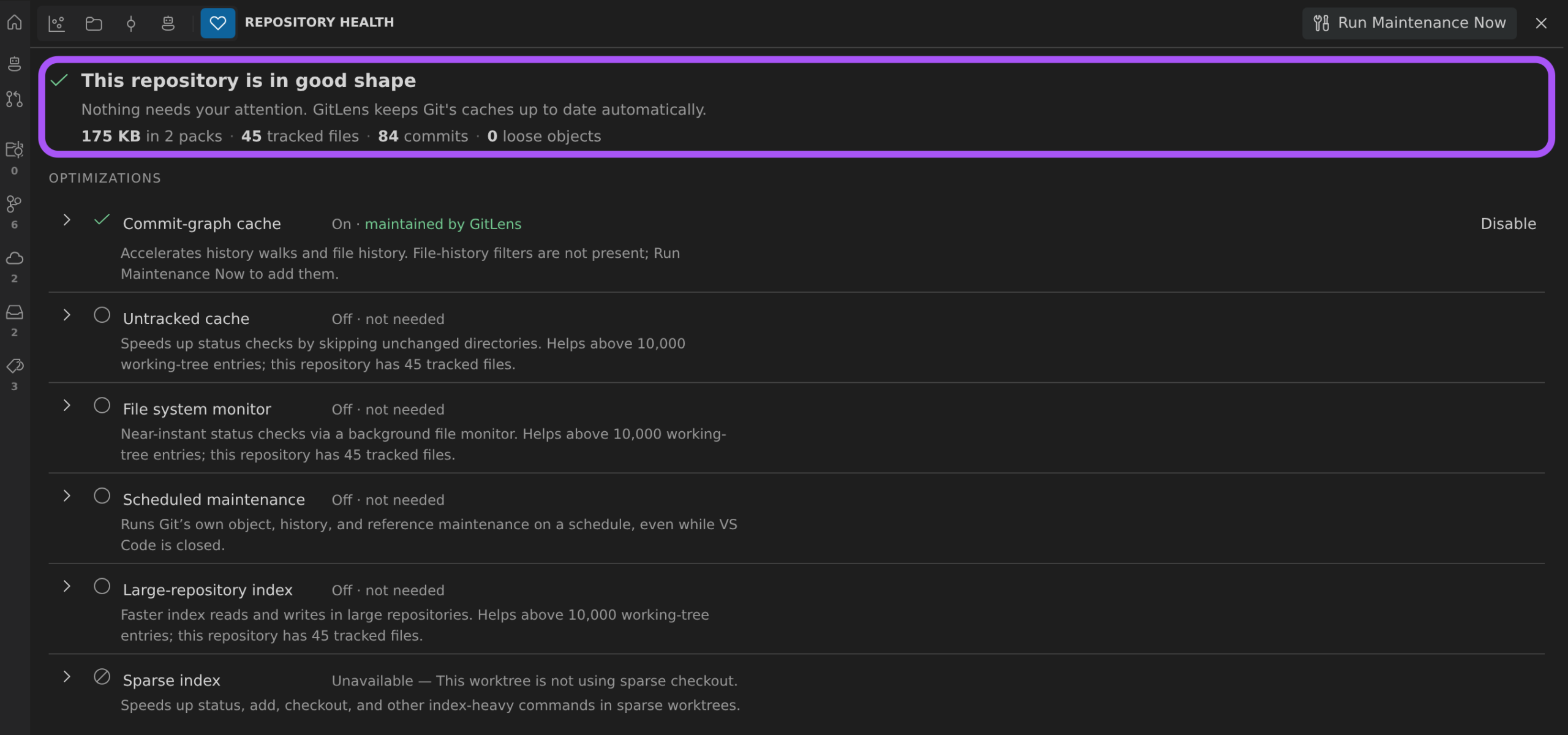 The Repository Health visualization in the Commit Graph, with the ringed verdict "This repository is in good shape" above its facts strip and the Optimizations ledger listing the Commit-graph cache, Untracked cache, File system monitor, Scheduled maintenance, Large-repository index and Sparse index rows with their status, and Run Maintenance Now in the header.
