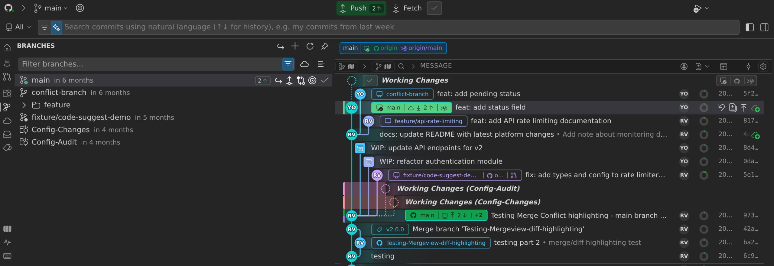 The Commit Graph with its sidebar panel expanded on the Branches section, listing the repository's branches beside the graph; the rail also offers remotes, stashes, tags and worktrees