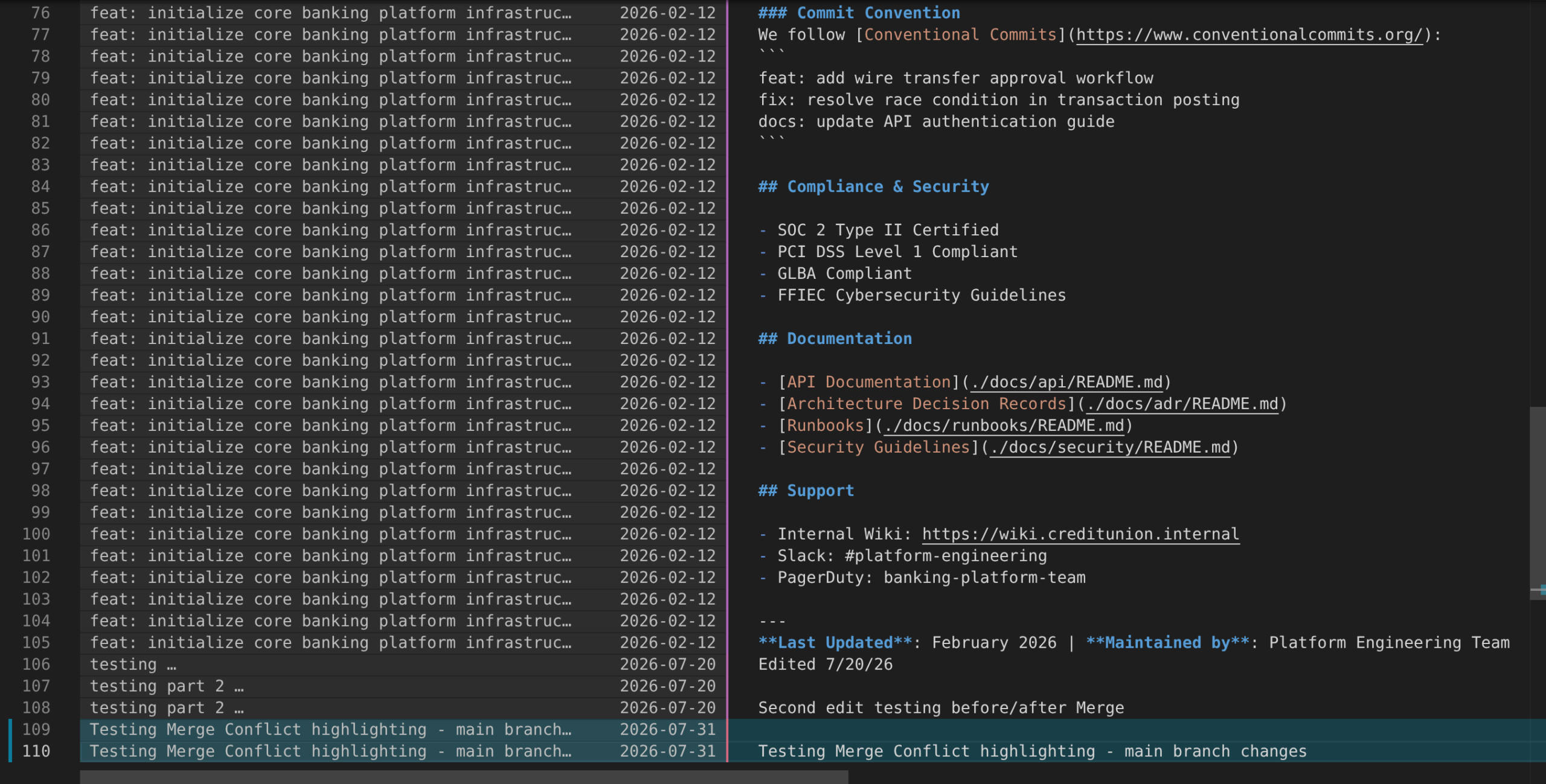 File blame annotations in the editor gutter of README.md: every line carries the message and date of the commit that last changed it, so the blocks of lines from different commits stand out