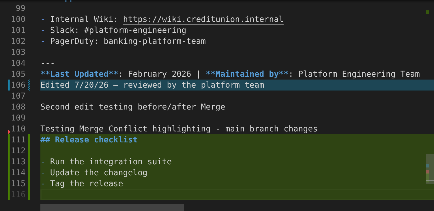 File Changes annotations in README.md with the gutter and line locations enabled: the uncommitted edits at the bottom of the file — one modified line and a new "Release checklist" section — are highlighted, with the matching marker in the gutter, while the unchanged lines above are plain