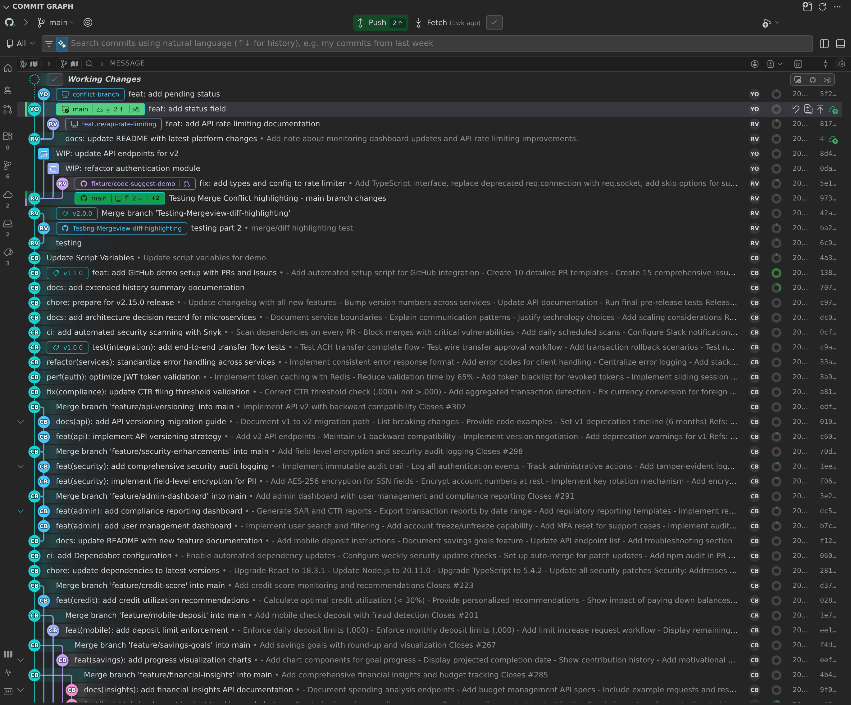 Hiding a branch in the Commit Graph: right-clicking the conflict-branch ref opens its context menu, and choosing Hide Local Branch removes the ref from the graph