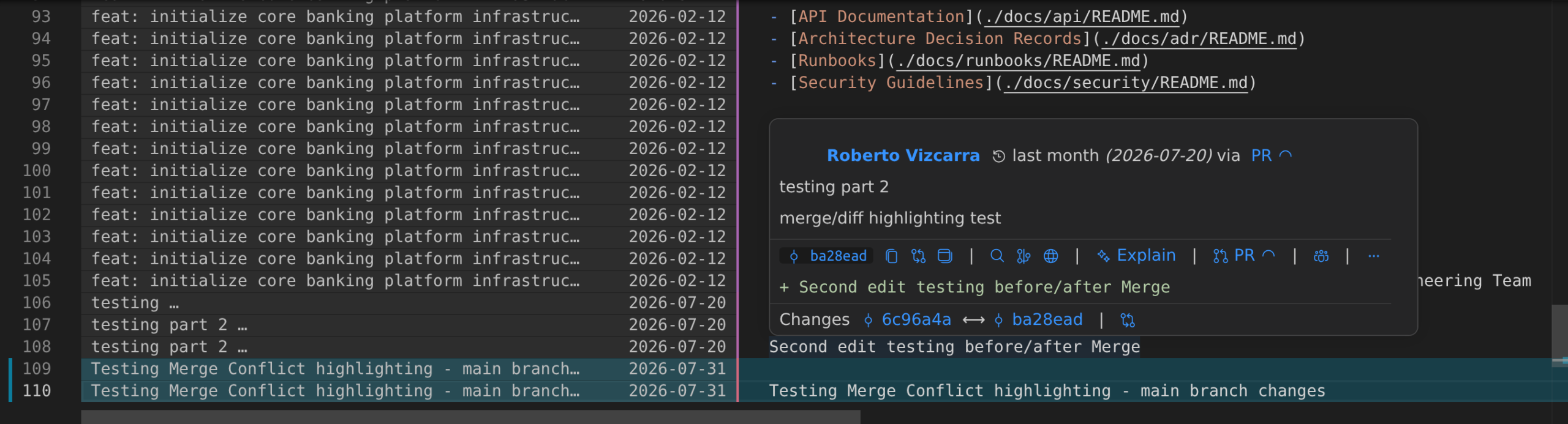 Hover tooltip over a blame annotation in the gutter showing commit summary and author information