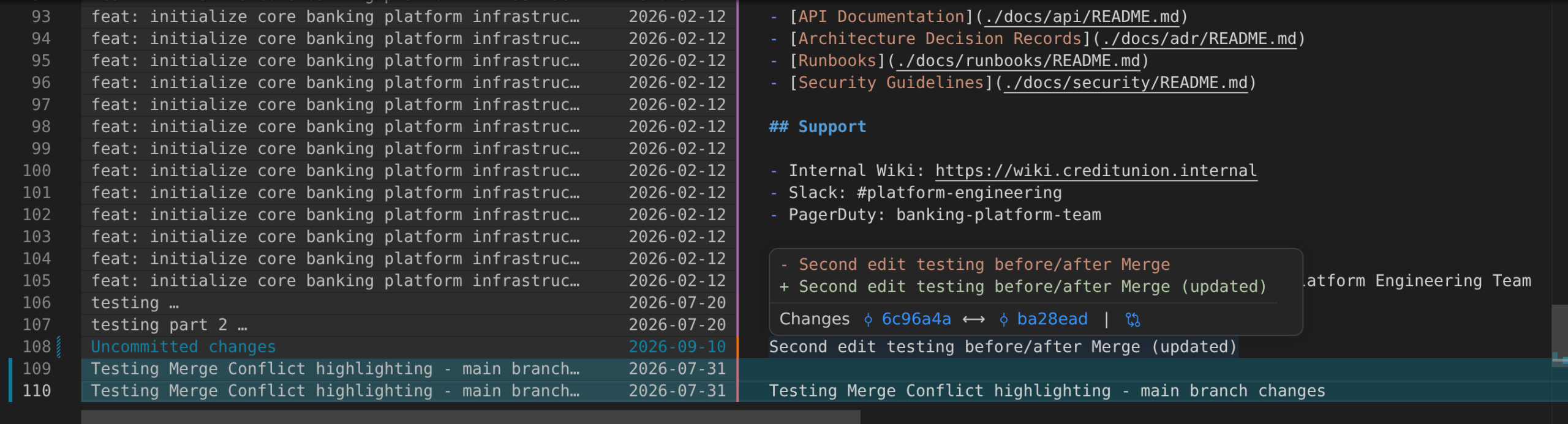 Changes hover over a blame annotation showing an inline diff with the previous version of the line