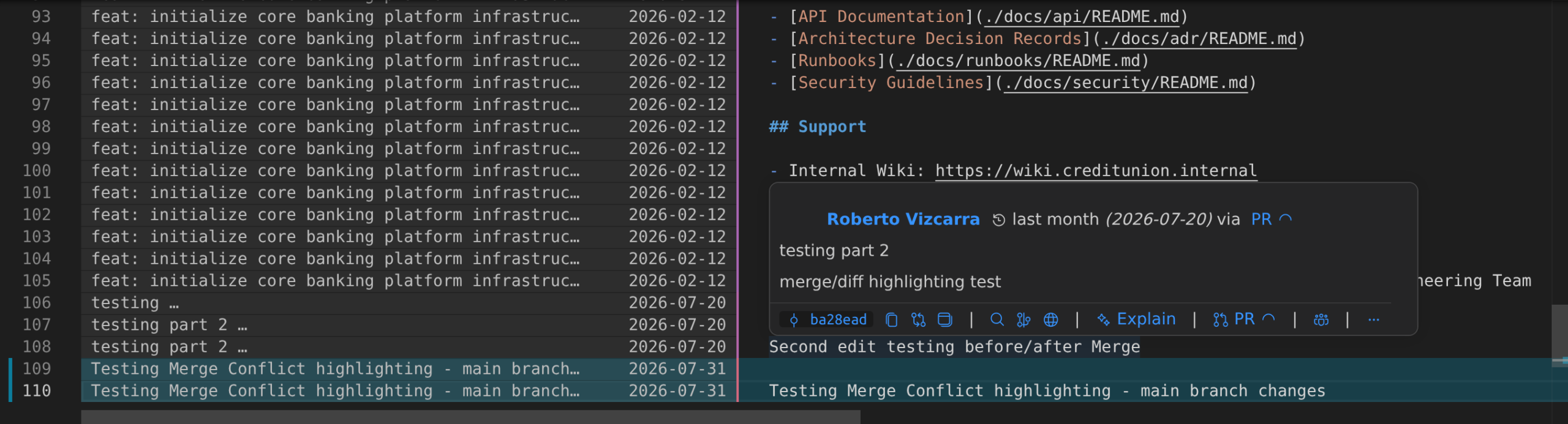 Details hover over a blame annotation showing commit metadata, author, date, the commit message, and the quick-action command bar (SHA, copy, search, graph, Explain, PR)