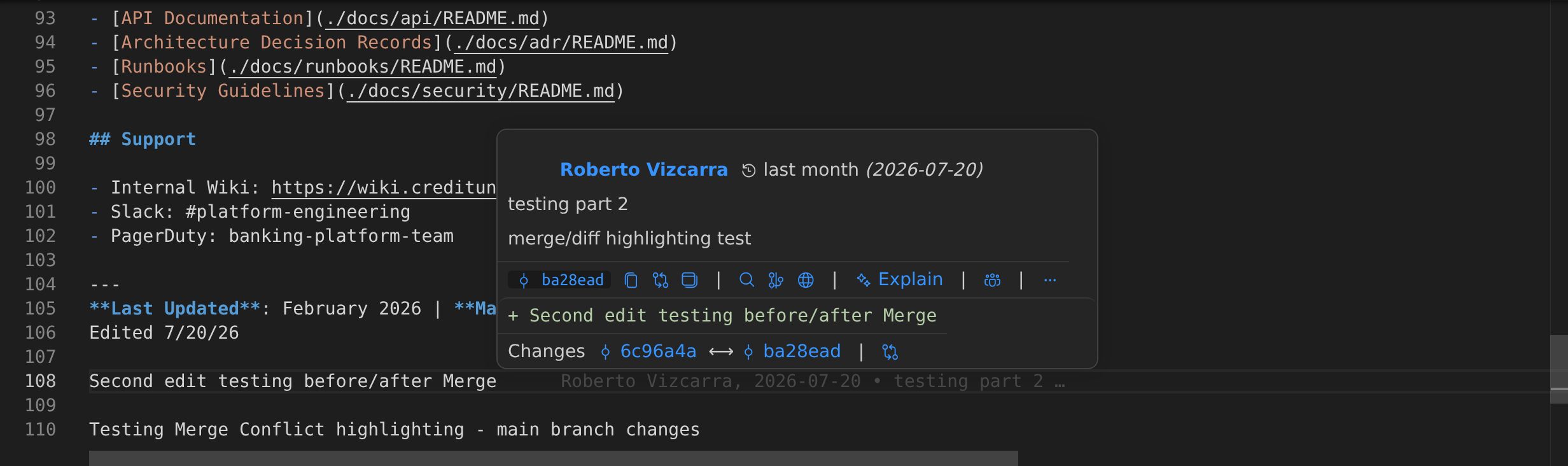 Hover tooltip over the current line blame annotation showing commit summary and author for the active line