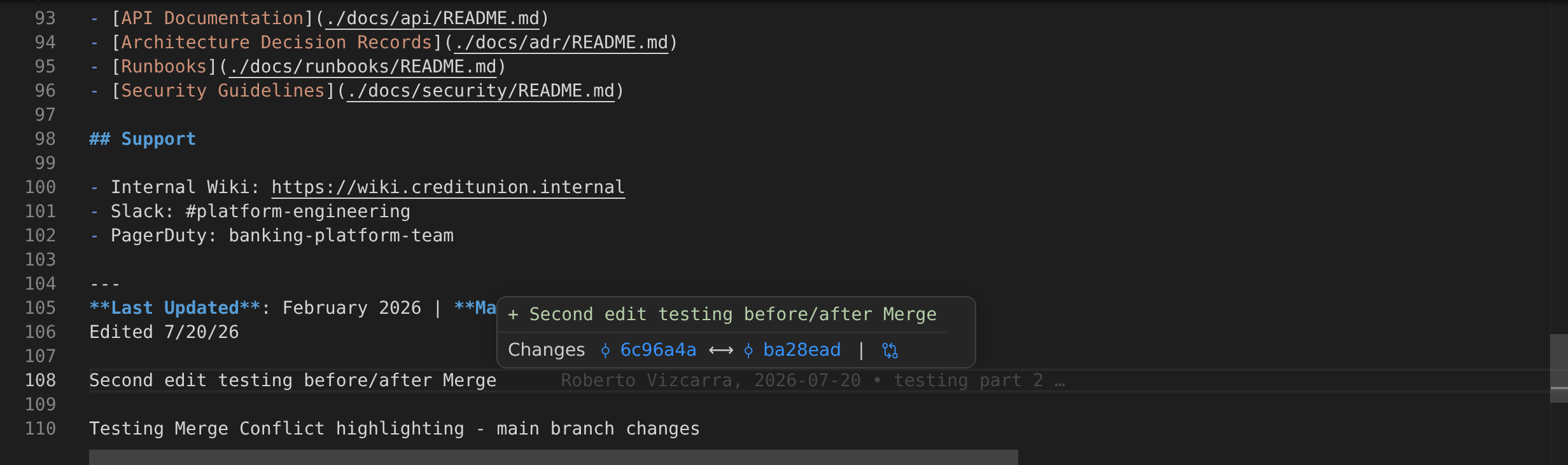 Changes hover for the current line showing the inline diff of the commit that introduced the line, with a link to compare the two revisions