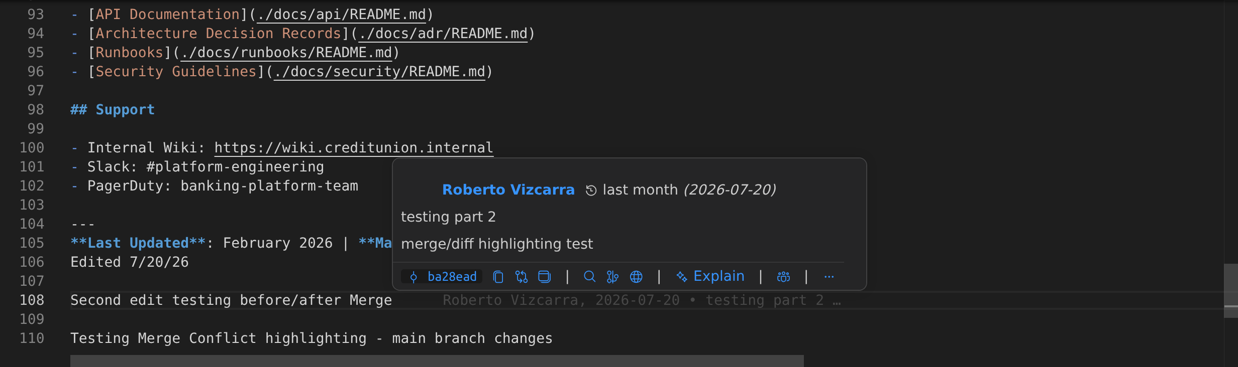 Details hover for the current line showing commit metadata, author, date, the commit message, and the quick-action command bar (SHA, copy, search, graph, Explain)