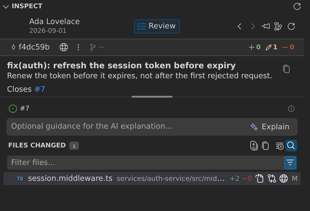 GitLens Inspect view showing the details of the commit under the caret: the author and date, the commit message ending in "Closes #7", the Autolinks section listing the resolved #7 pull-request chip, and the changed file