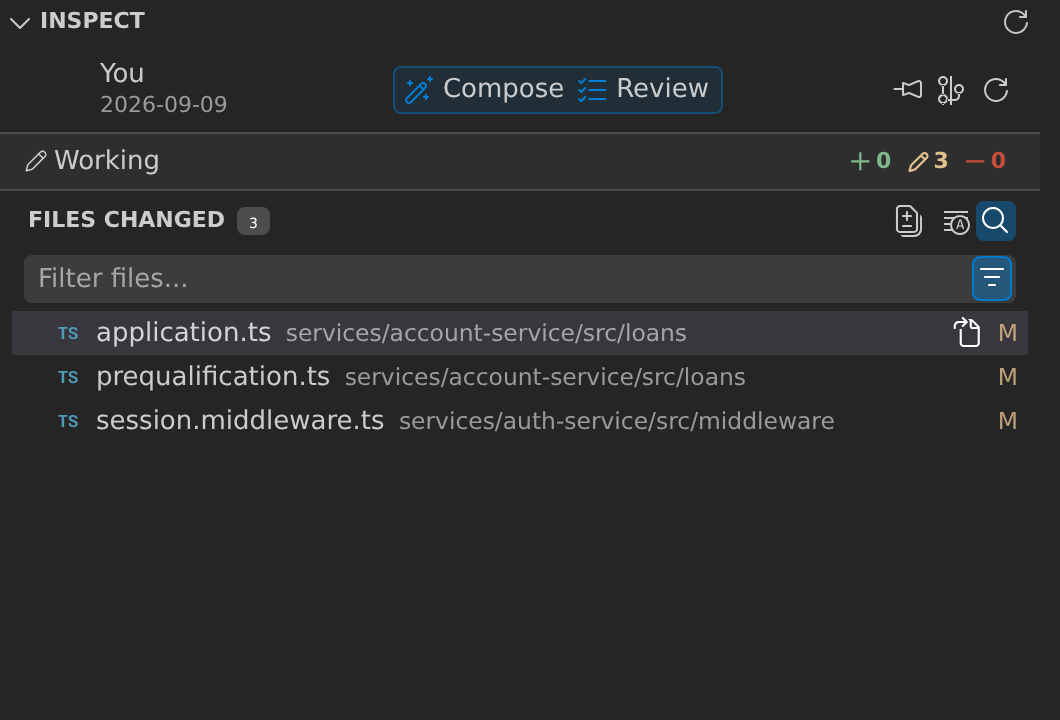 GitLens Inspect view showing the Overview of the working changes: the Compose and Review mode toggle, the Working row with its change counts, and the three modified TypeScript files