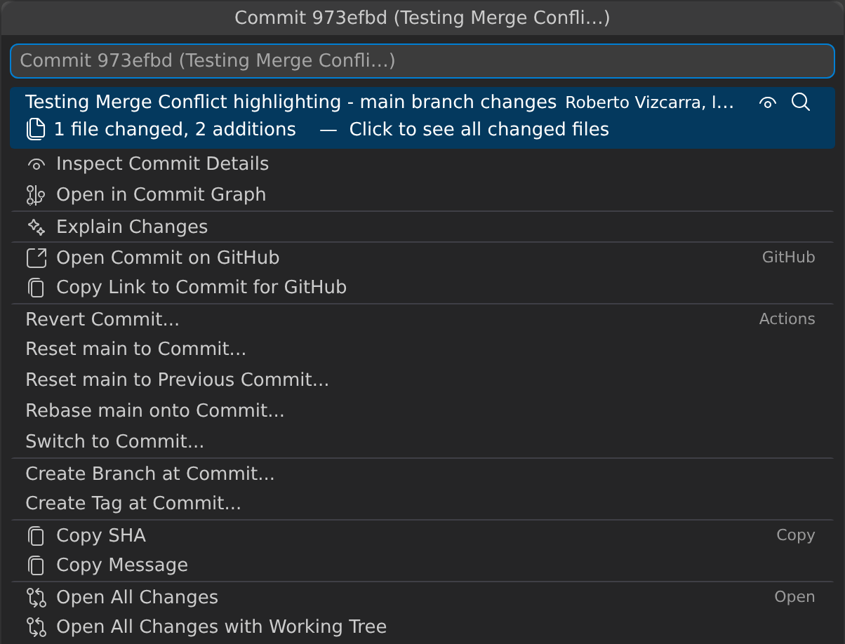 Commit Details QuickPick showing the commit message, author, SHA, and changed-file count, with actions including Revert, Reset, Create Branch, and Create Tag