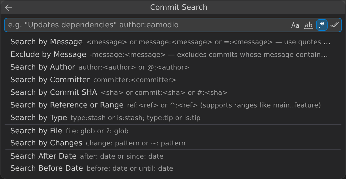 Commit Search QuickPick showing the search mode options, including Search by Message, Author, Commit ID, File, and Changes, with their usage patterns