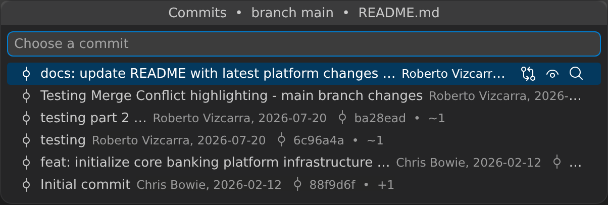 File History QuickPick for README.md listing its six commits with message, author, date, SHA and line-change counts; the newest commit is highlighted
