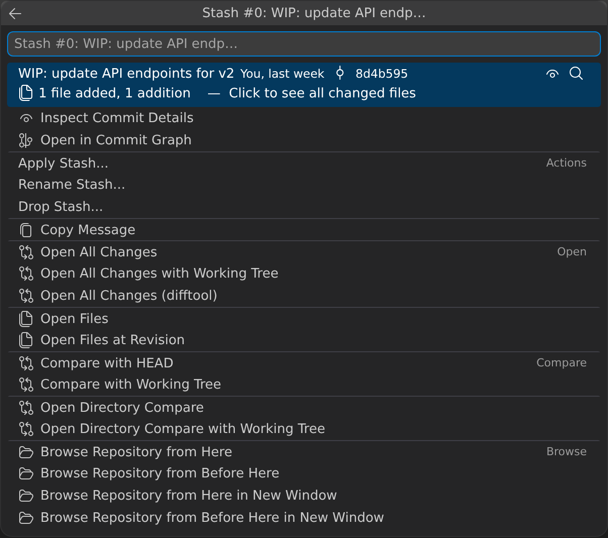 Stash details QuickPick for stash #0 showing its files-changed summary and the Apply Stash, Rename Stash, Drop Stash, Copy Message, Open, Compare and Browse Repository actions