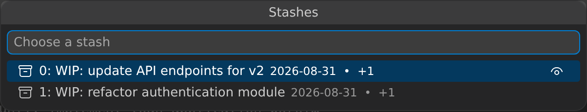Stash list QuickPick showing all stash entries in the repository with stash messages and selection options