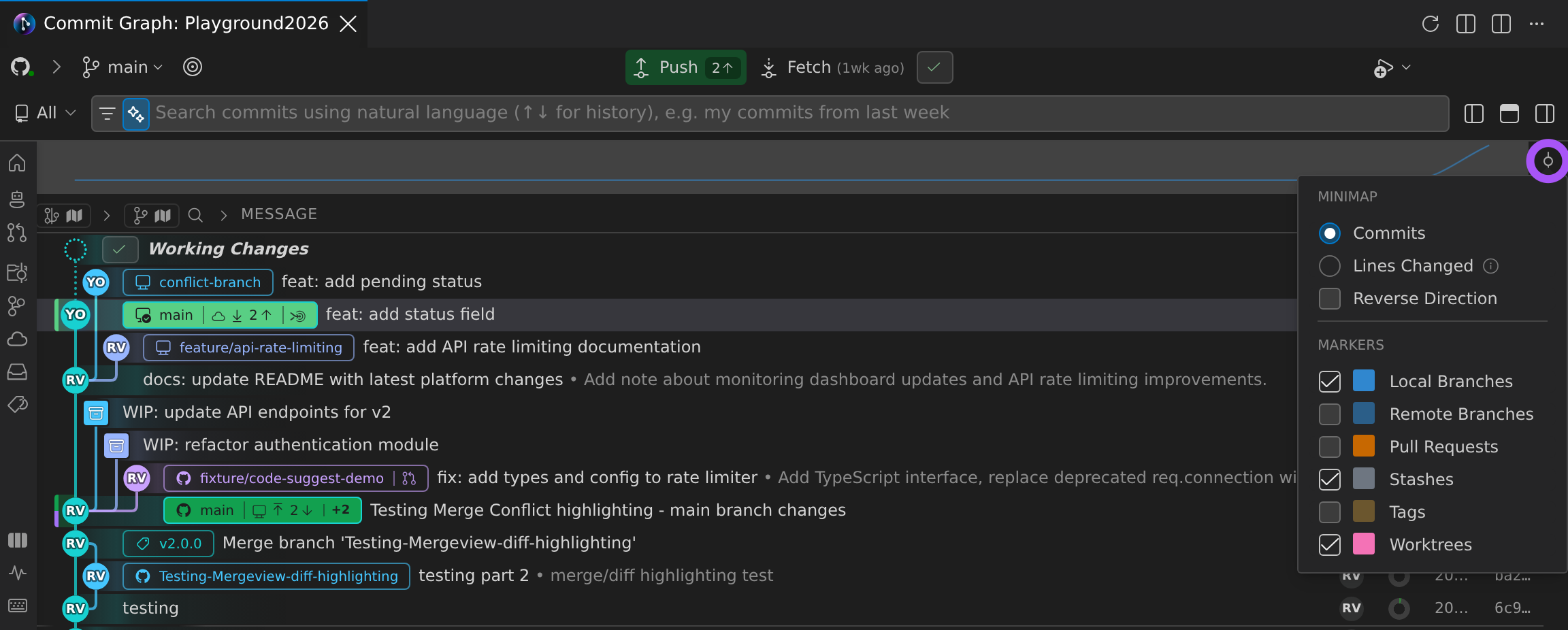 Commit Graph with the minimap strip above the rows and its Minimap Options popover open: a Minimap group with Commits (selected), Lines Changed and Reverse Direction, and a Markers group with checkboxes for Local Branches, Remote Branches, Pull Requests, Stashes, Tags and Worktrees