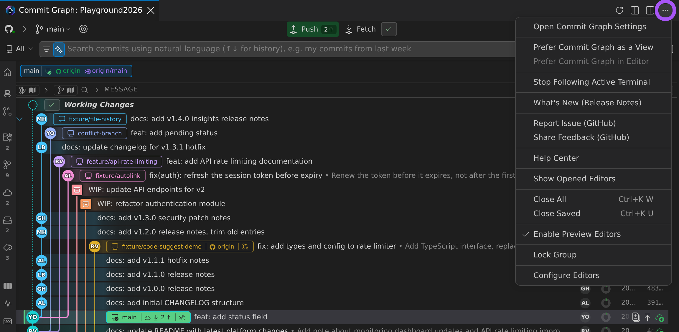 The Commit Graph open in the editor area with the tab's More Actions (…) menu expanded, listing Prefer Commit Graph in Editor and Prefer Commit Graph as a View among the editor actions
