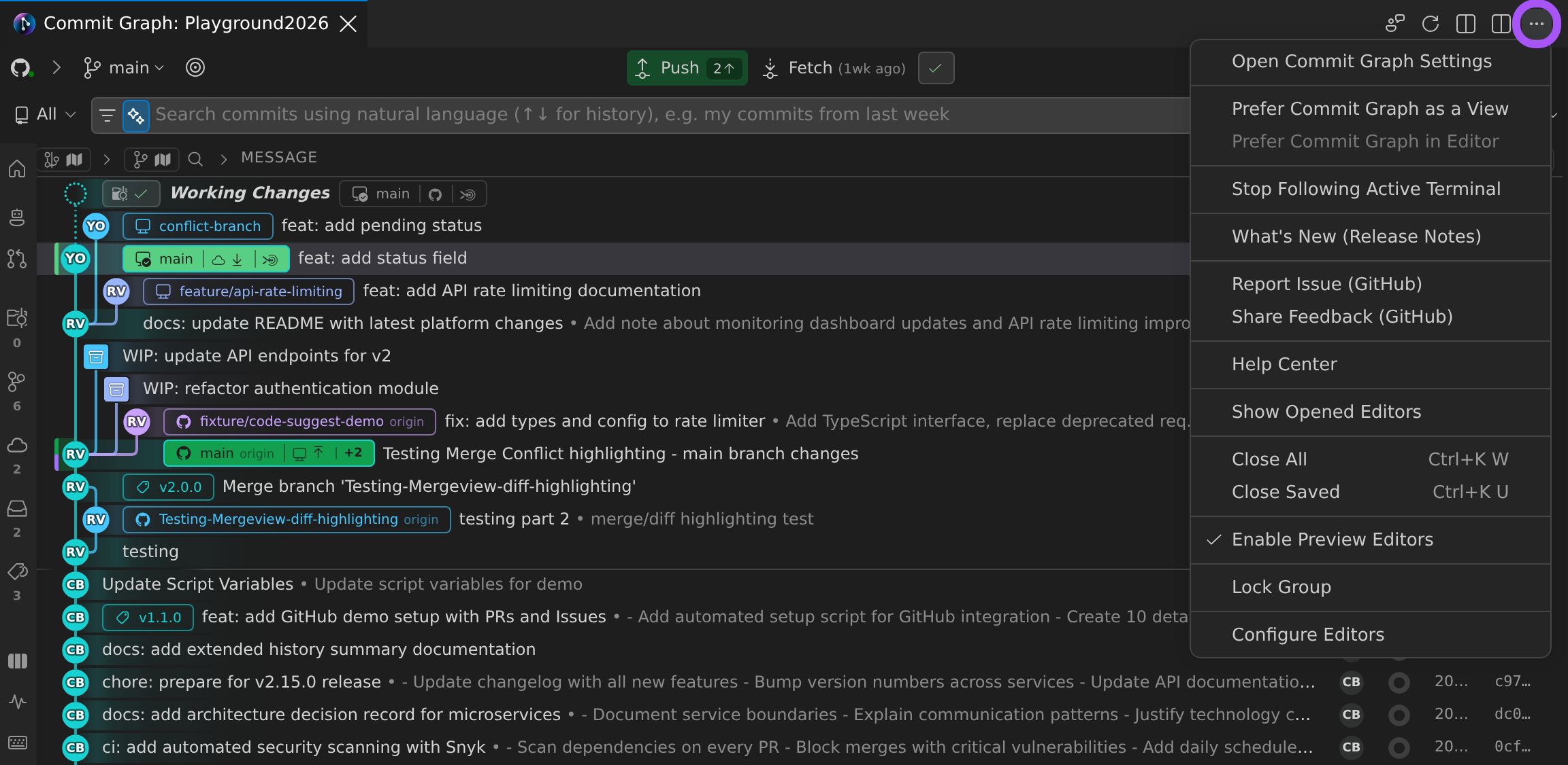 The Commit Graph open in the editor area with the tab's More Actions (…) menu expanded, listing Prefer Commit Graph in Editor and Prefer Commit Graph as a View among the editor actions