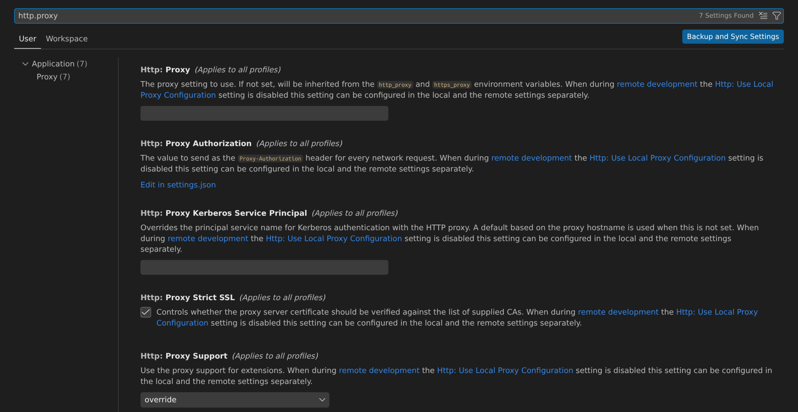 VS Code Settings editor searched for "http.proxy": the Http: Proxy settings — Proxy (empty), Proxy Authorization, Proxy Kerberos Service Principal, Proxy Strict SSL (checked) and Proxy Support — each with its description