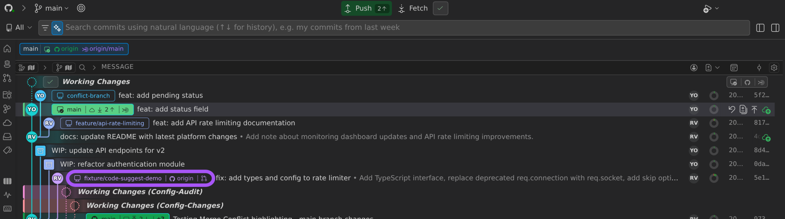 The Commit Graph with the fixture/code-suggest-demo branch pill ringed: after the branch name and its origin remote the pill carries the pull-request icon, which marks the branch as having an associated open pull request