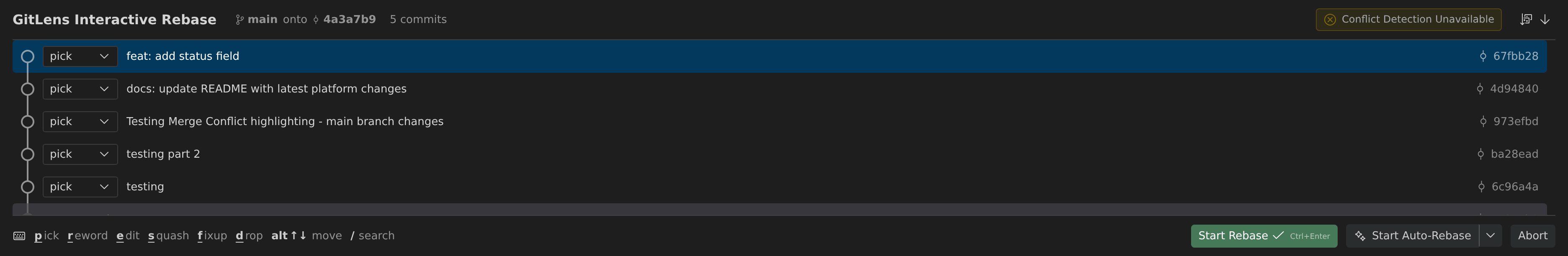 GitLens interactive rebase editor: five commits each with an action dropdown, the second entry's dropdown open on pick / reword / edit / squash / fixup / drop, and then squash applied to it; the footer lists the keyboard shortcuts including alt + up/down to move a commit
