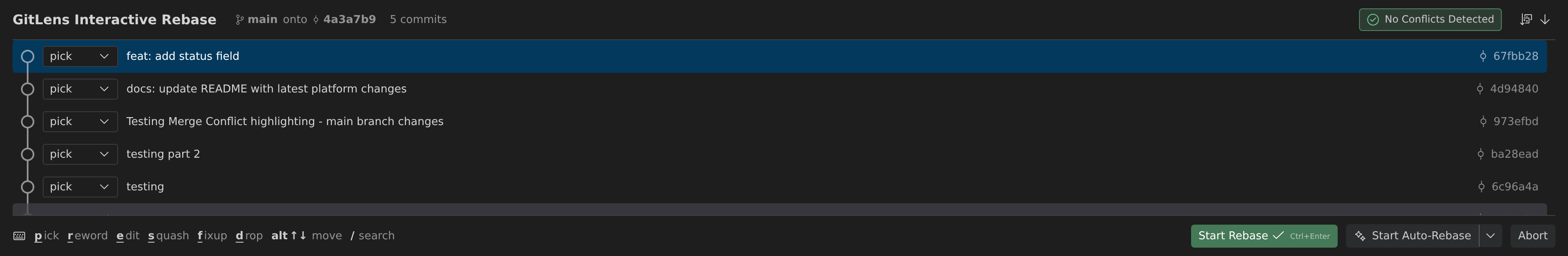 GitLens interactive rebase editor: five commits each with an action dropdown, the second entry's dropdown open on pick / reword / edit / squash / fixup / drop, and then squash applied to it; the footer lists the keyboard shortcuts including alt + up/down to move a commit