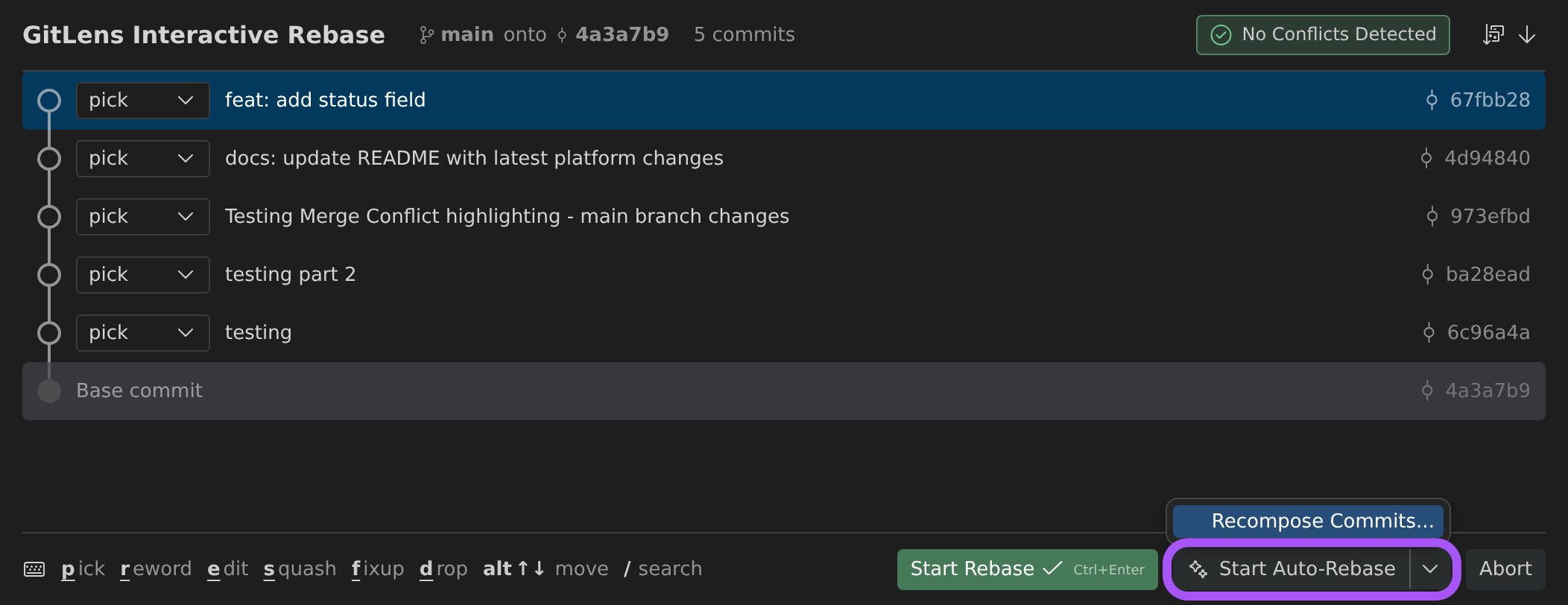 The Interactive Rebase Editor before a rebase starts, with the footer's Start Rebase button beside the ringed Start Auto-Rebase split button, whose chevron menu holds Recompose Commits, and Abort.