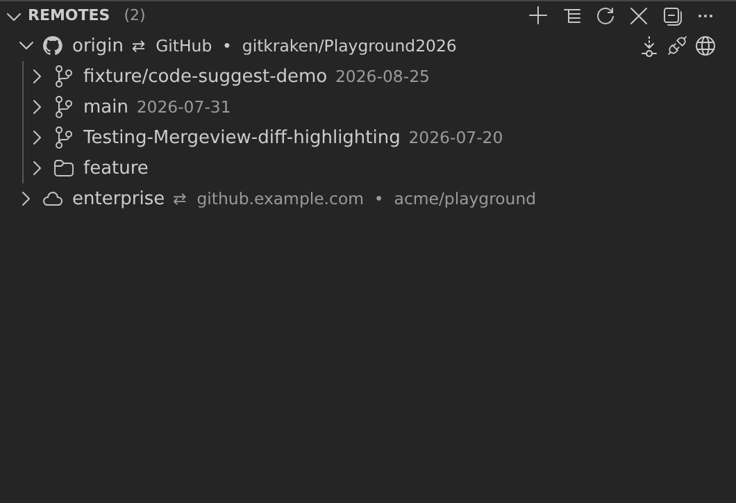 GitLens Remotes view with two remotes: origin, expanded to show its GitHub provider icon, the gitkraken/Playground2026 repository and its remote branches with their last-commit dates, and a self-hosted enterprise remote below it